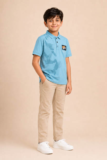 Boys steel blue printed cotton polo T-shirt – side view