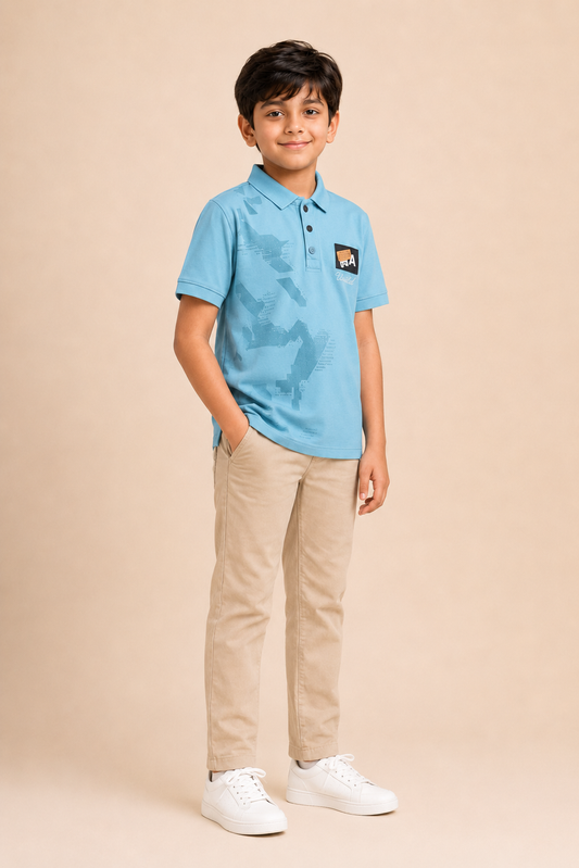 Boys steel blue printed cotton polo T-shirt – side view