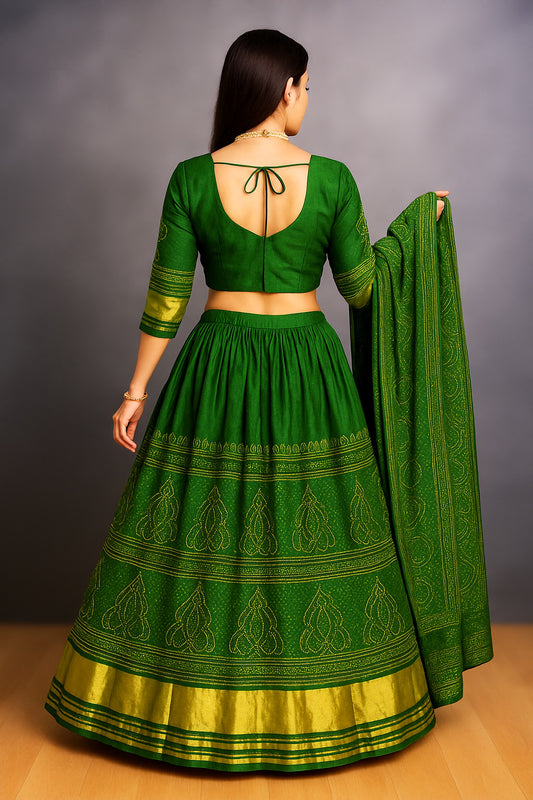 Elegant Green & Gold Bandhani Chaniya Choli with Dupatta