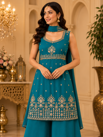 Teal blue embroidered kurta and palazzo set, embroidery detail