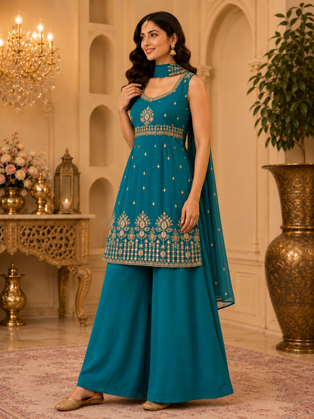 Teal blue embroidered kurta and palazzo set, three-quarter view