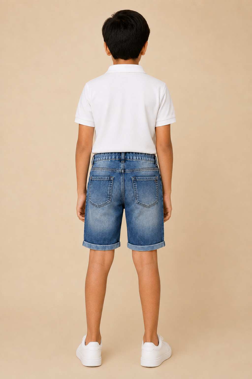 Boys blue vintage-wash elastic-waist denim shorts – back view