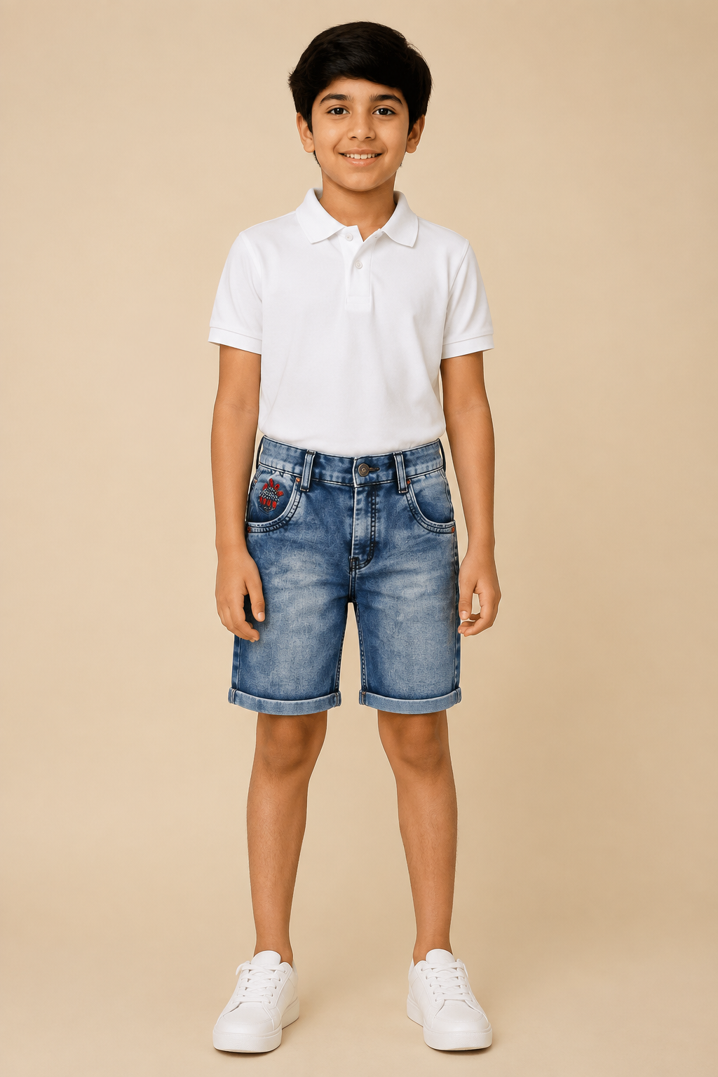 Boys blue vintage-wash elastic-waist denim shorts – front view