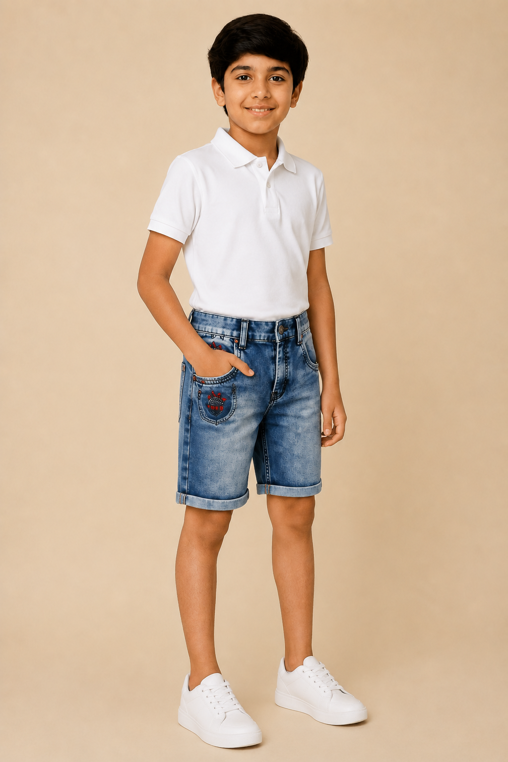 Boys blue vintage-wash elastic-waist denim shorts – side view