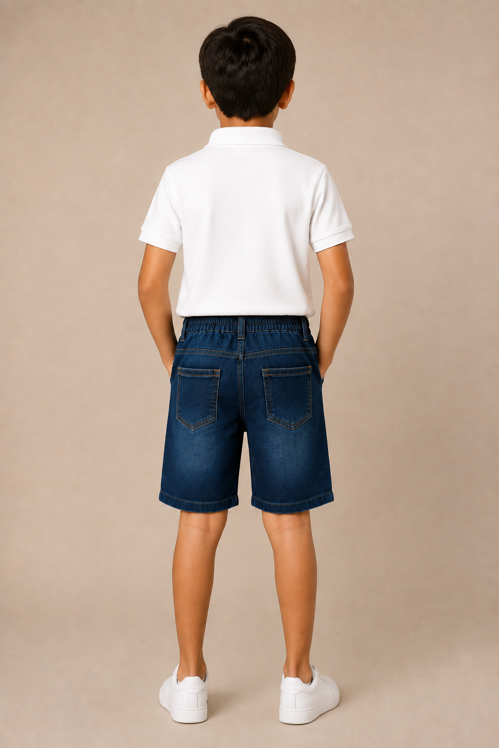 Boys navy vintage-wash elastic-waist denim shorts – back view