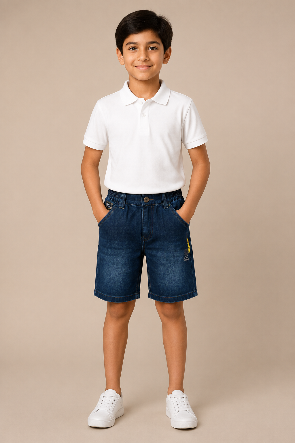 Boys navy vintage-wash elastic-waist denim shorts – front view