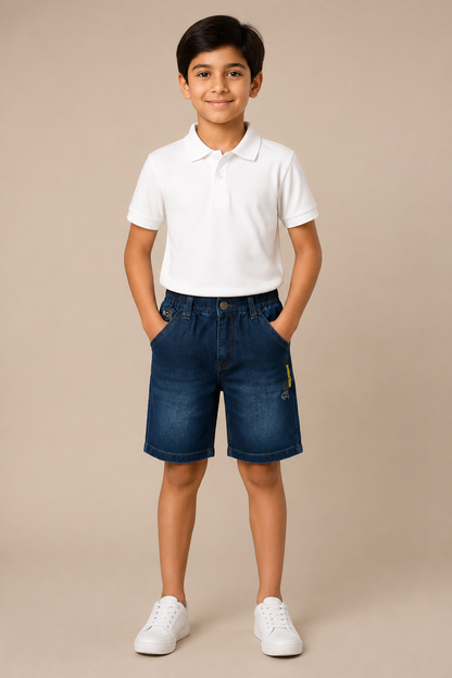 Boys navy vintage-wash elastic-waist denim shorts – front view