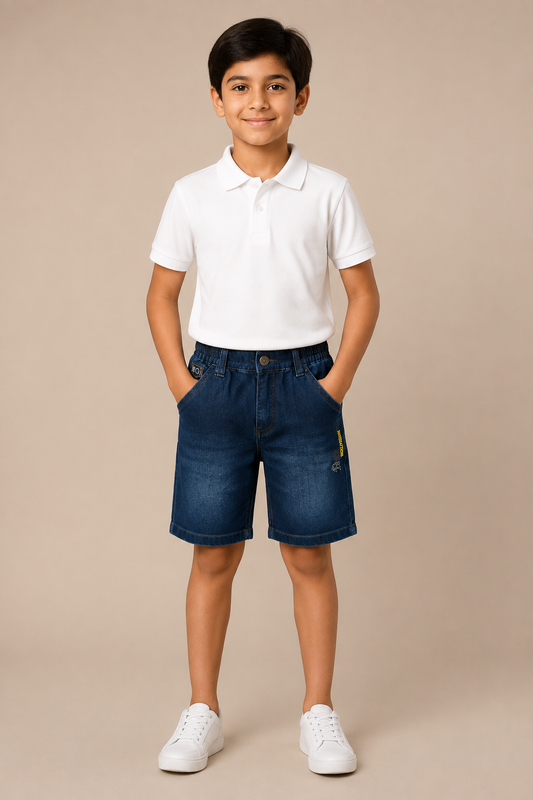 Boys navy vintage-wash elastic-waist denim shorts – front view