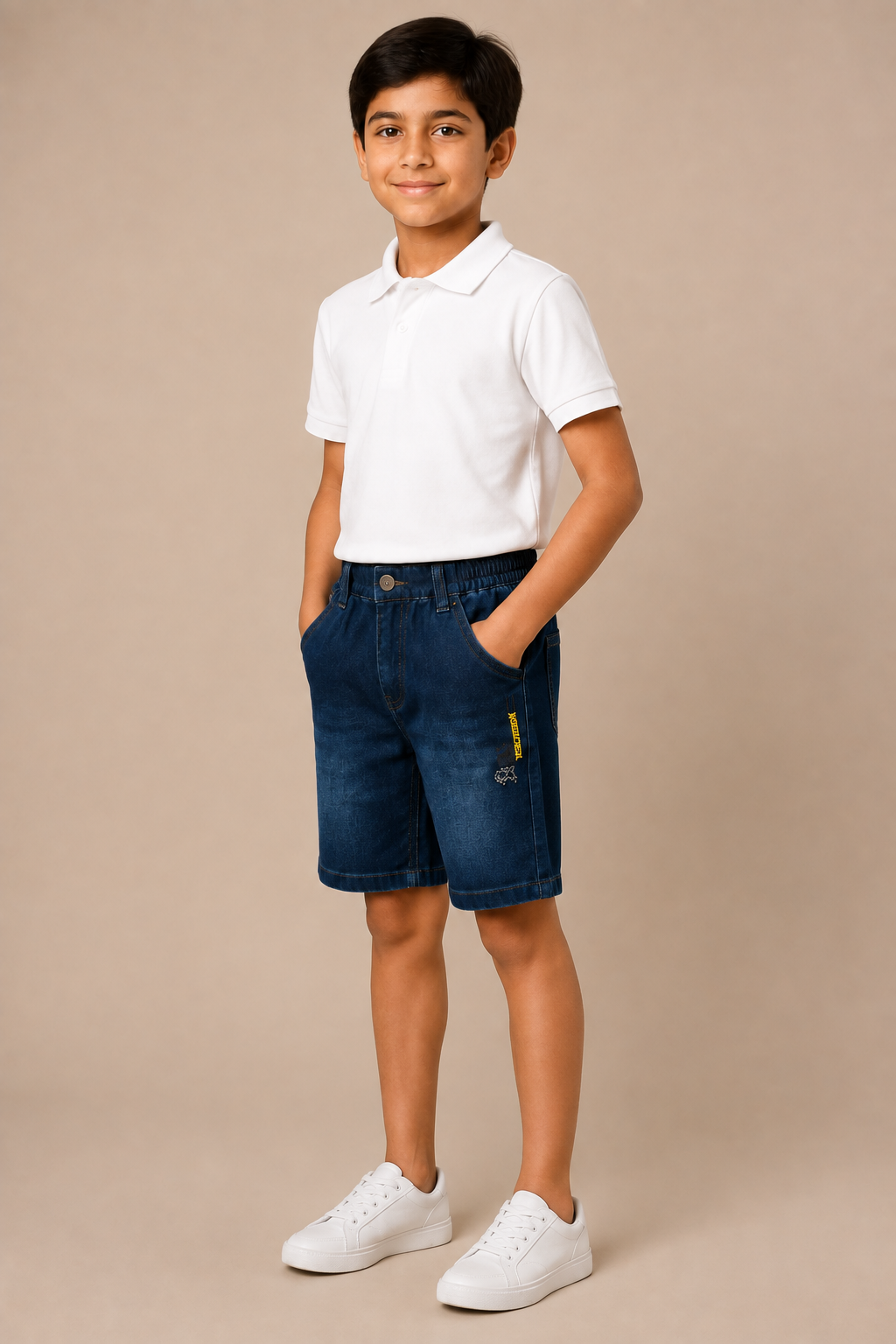Boys navy vintage-wash elastic-waist denim shorts – side view