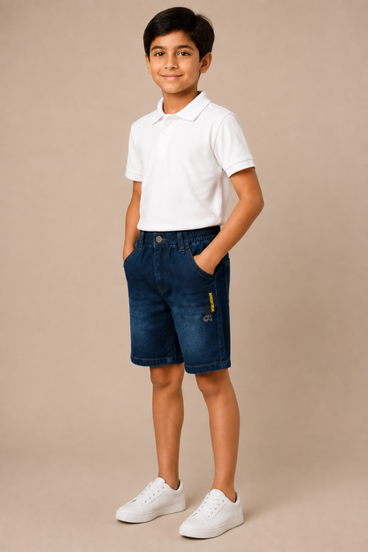 Boys navy vintage-wash elastic-waist denim shorts – side view