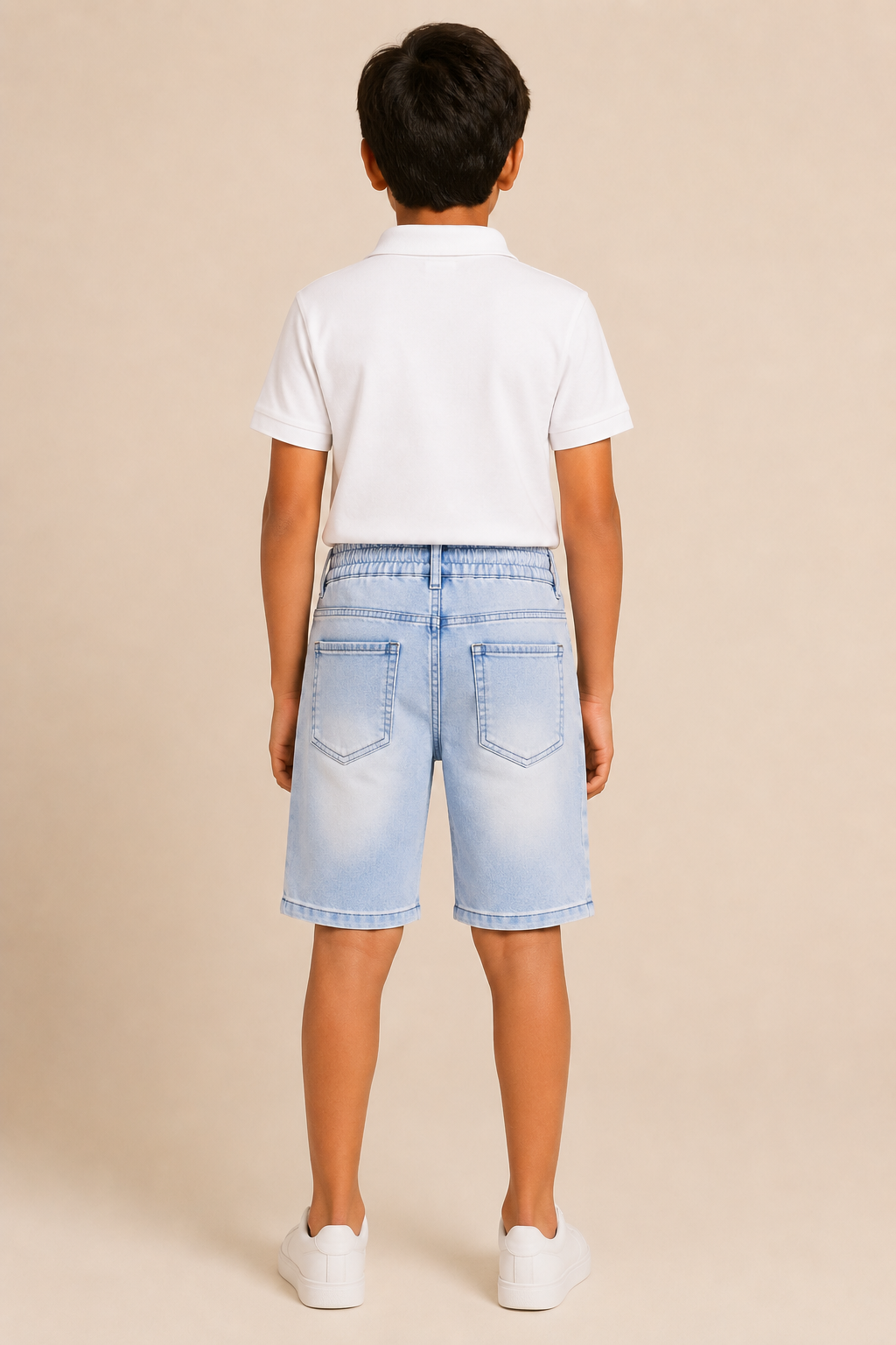 Boys sky blue vintage-wash elastic-waist denim shorts – back view