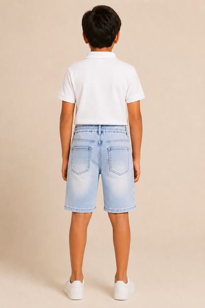 Boys sky blue vintage-wash elastic-waist denim shorts – back view