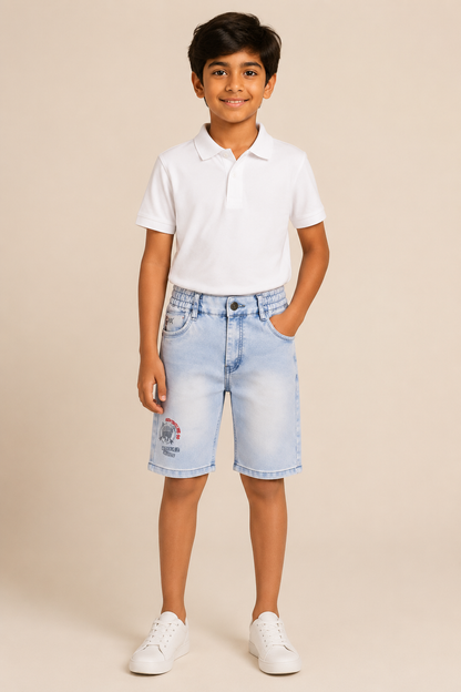 Boys sky blue vintage-wash elastic-waist denim shorts – front view