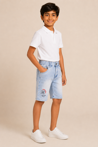 Boys sky blue vintage-wash elastic-waist denim shorts – side view