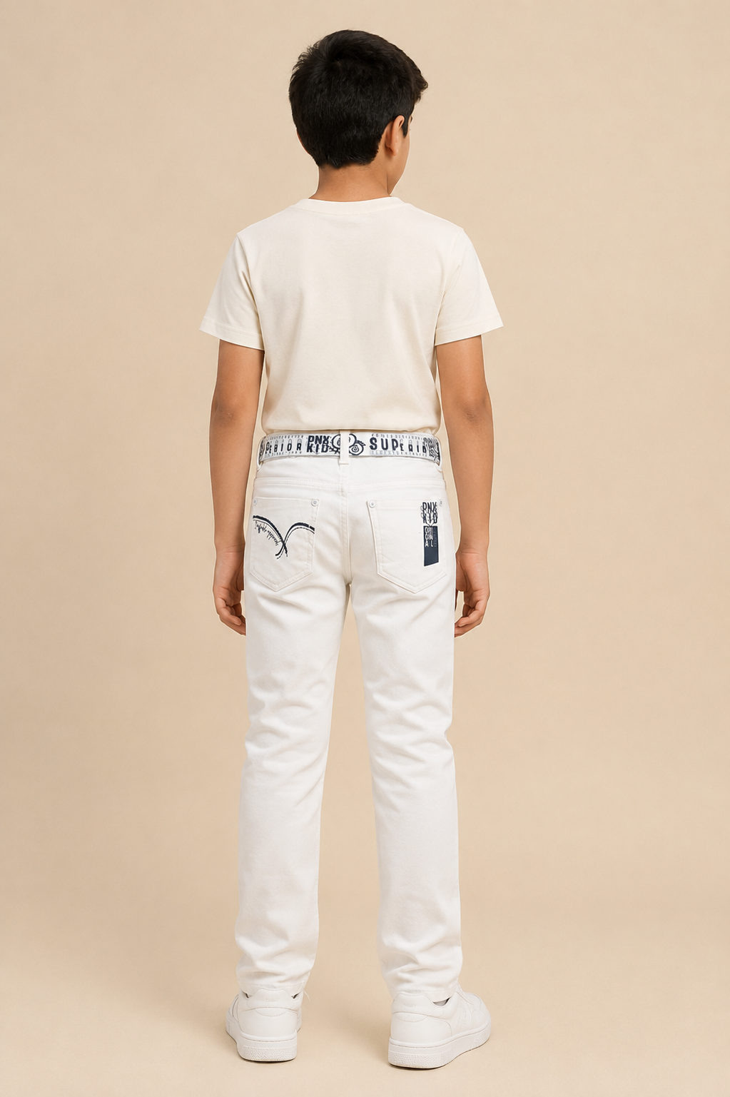 Boys white printed denim jeans with belt – back view