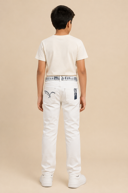 Boys white printed denim jeans with belt – back view