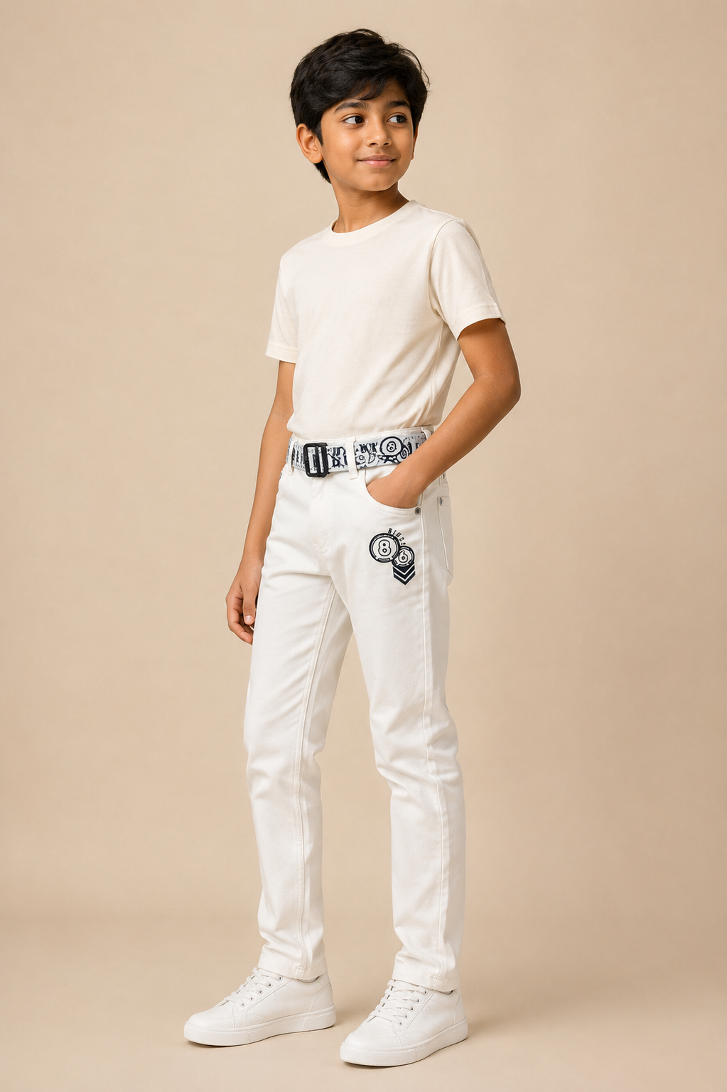 Boys white printed denim jeans with belt – side view
