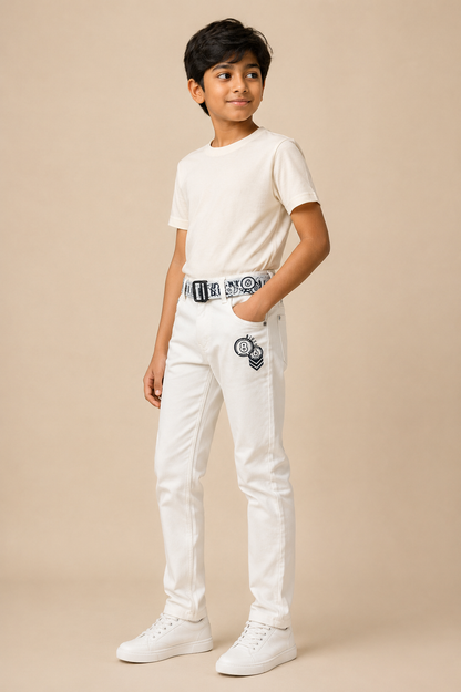 Boys white printed denim jeans with belt – side view