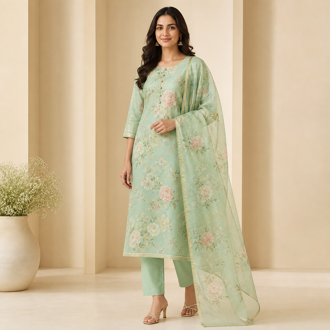 Woman wearing a mint green floral cotton-silk kurta set with organza dupatta