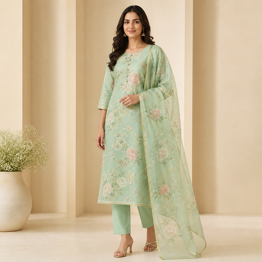 Woman wearing a mint green floral cotton-silk kurta set with organza dupatta