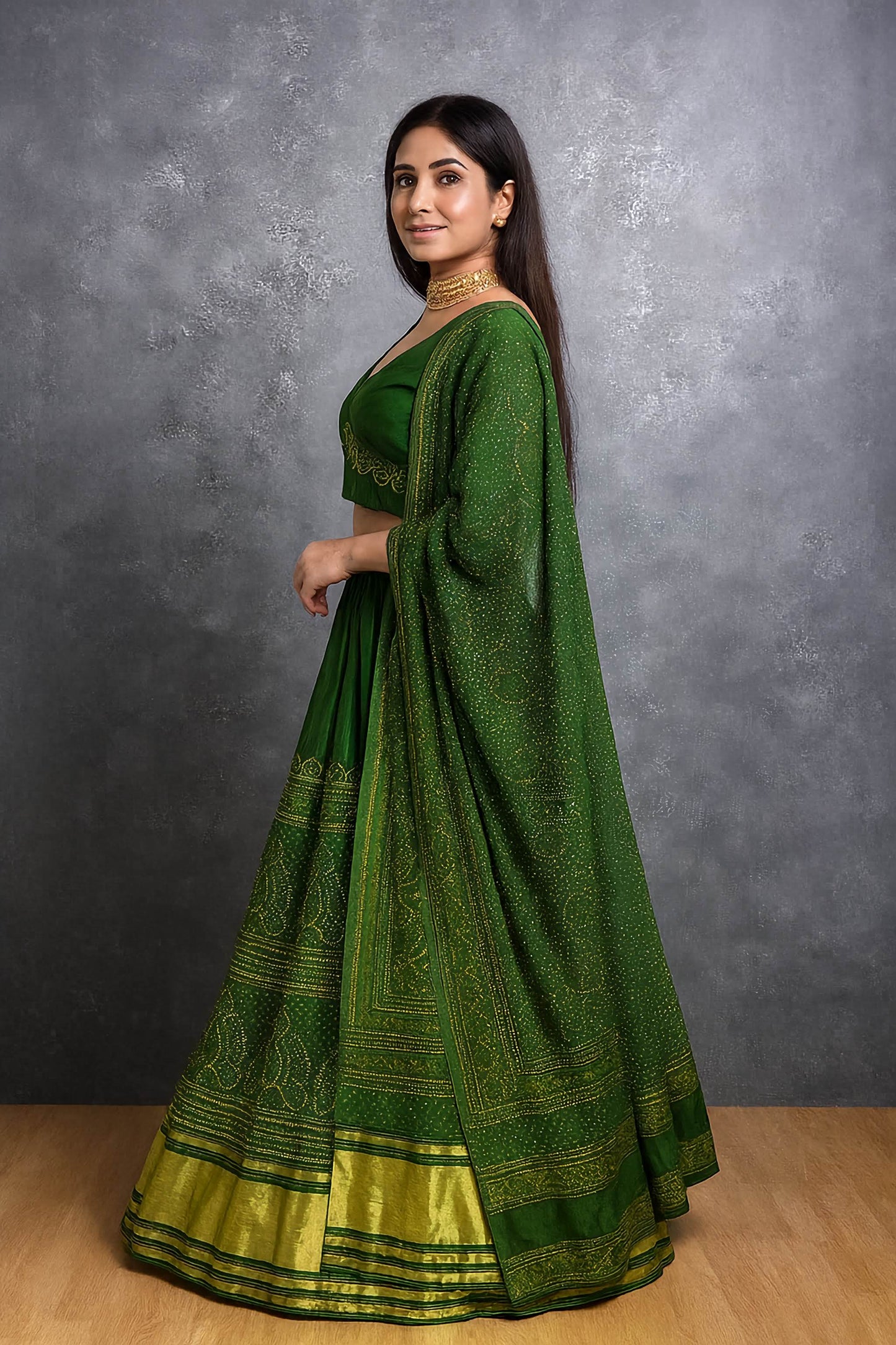 Elegant Green & Gold Bandhani Chaniya Choli with Dupatta